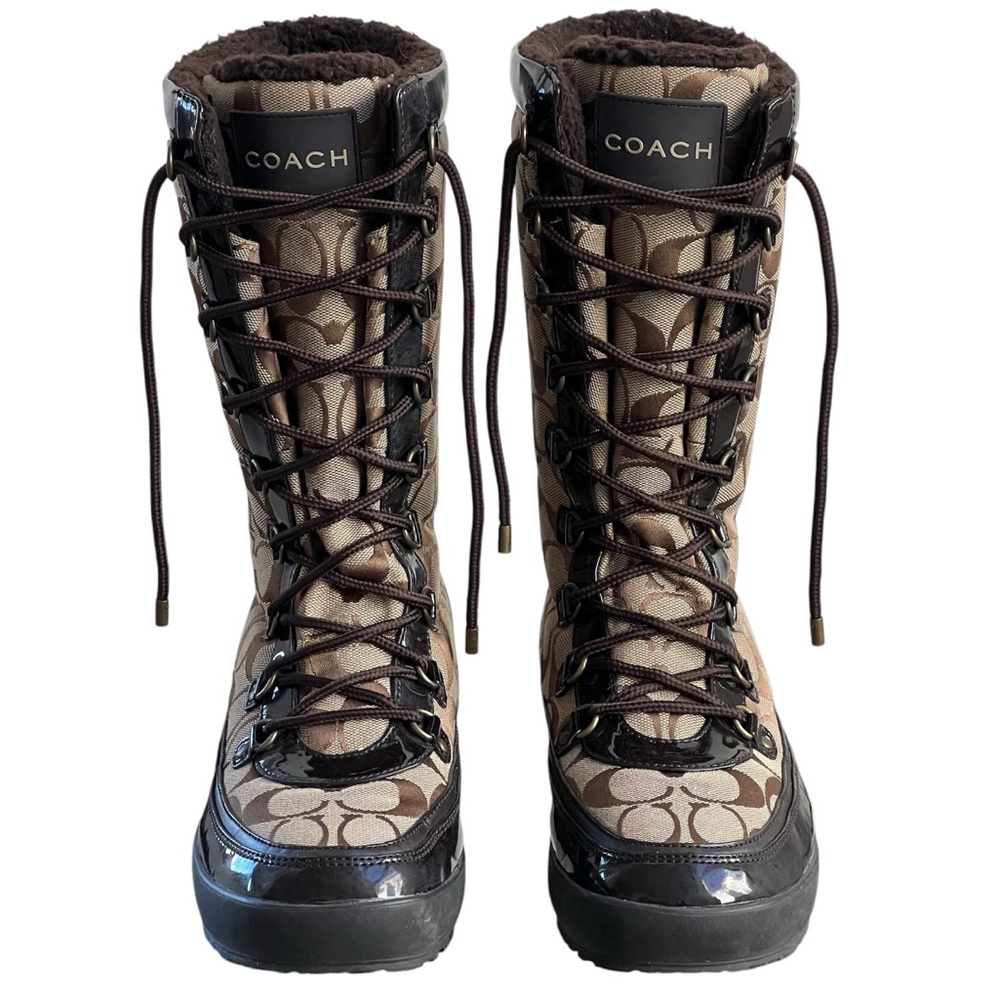 Coach Peggey Patent Leather Canvas Shearling Lined Signature Jacquard Boot 9.5 B